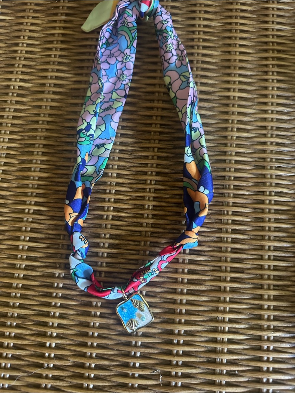 Colorful Floral Silk Scarf Necklace with Enamel Shell Charm